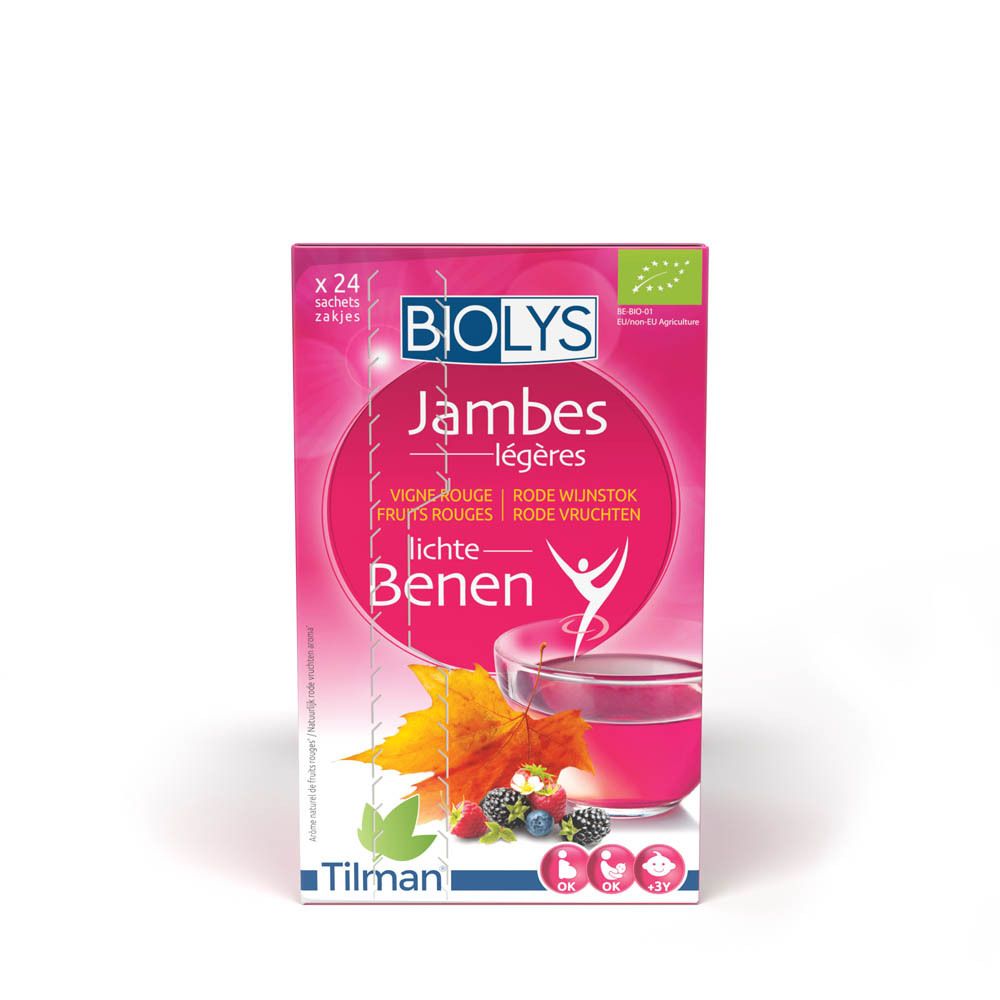 Roze BIOLYS-verpakking. Opschrift « Jambes légères ». 24 zakjes. Bio-certificering. Illustratie van fruit en bladeren.
