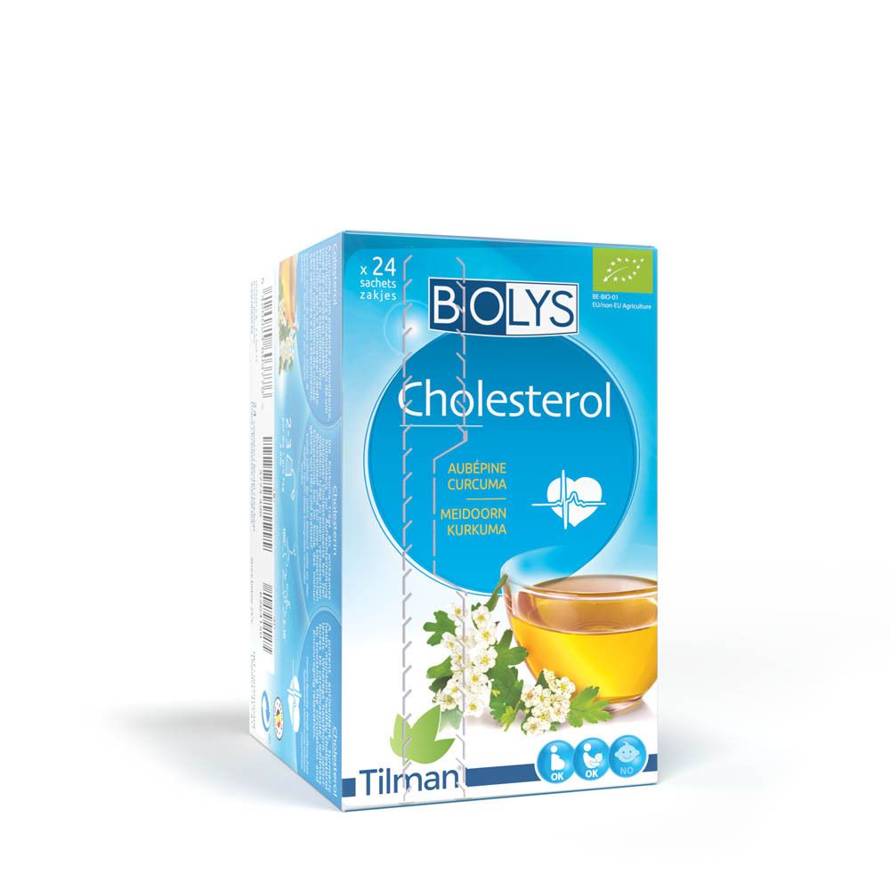 Boîte Biolys Cholesterol. Bleu, avec nom du produit, ingrédients et tasse de thé. Label bio.