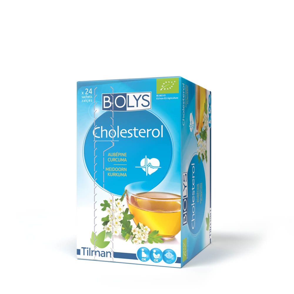 Boîte Biolys Cholesterol. Bleu, avec nom du produit, ingrédients et tasse de thé. Label bio.