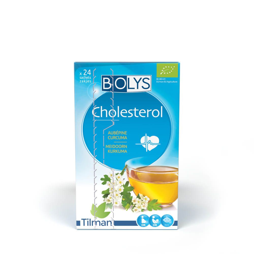 Boîte Biolys Cholesterol. Bleu, avec nom du produit, ingrédients et tasse de thé. Label bio.