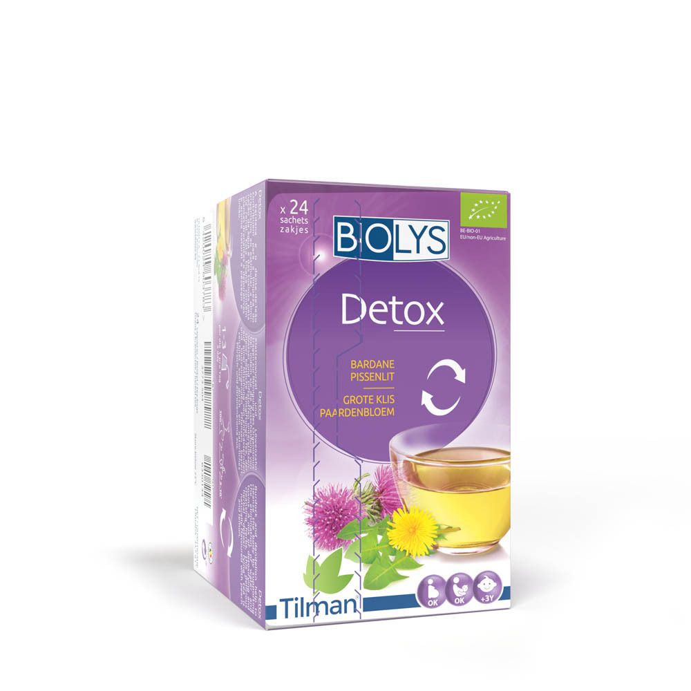 BIOLYS Detox doos, 24 zakjes. Met klis en paardenbloem. EU-biocertificering. Afbeelding van een kopje.