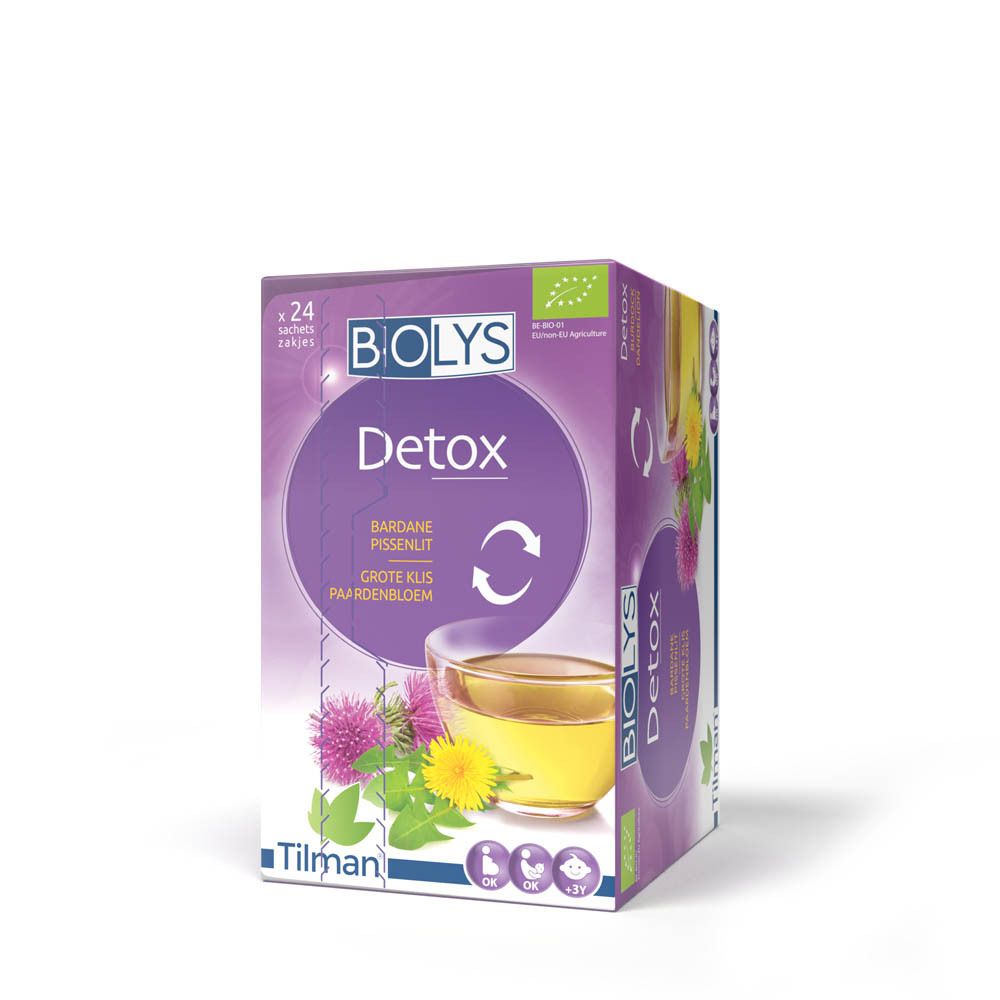 BIOLYS Detox doos, 24 zakjes. Met klis en paardenbloem. EU-biocertificering. Afbeelding van een kopje.