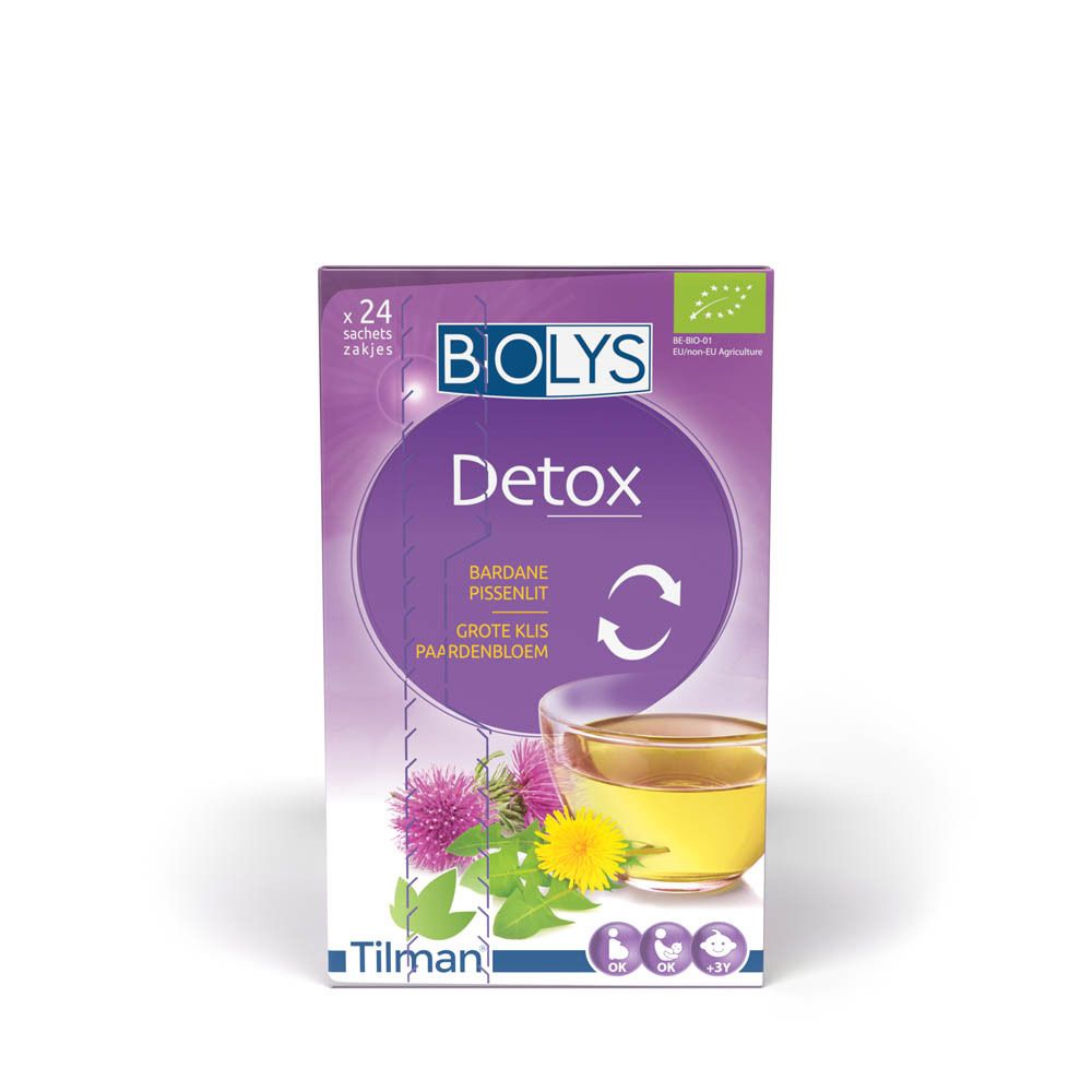 BIOLYS Detox doos, 24 zakjes. Met klis en paardenbloem. EU-biocertificering. Afbeelding van een kopje.