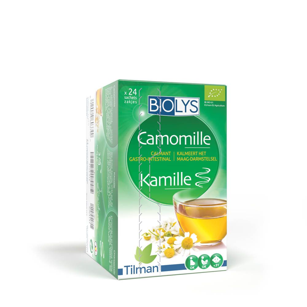Emballage de thé à la camomille BIOLYS. Boîte verte avec illustration de fleurs de camomille. Contient 24 sachets.