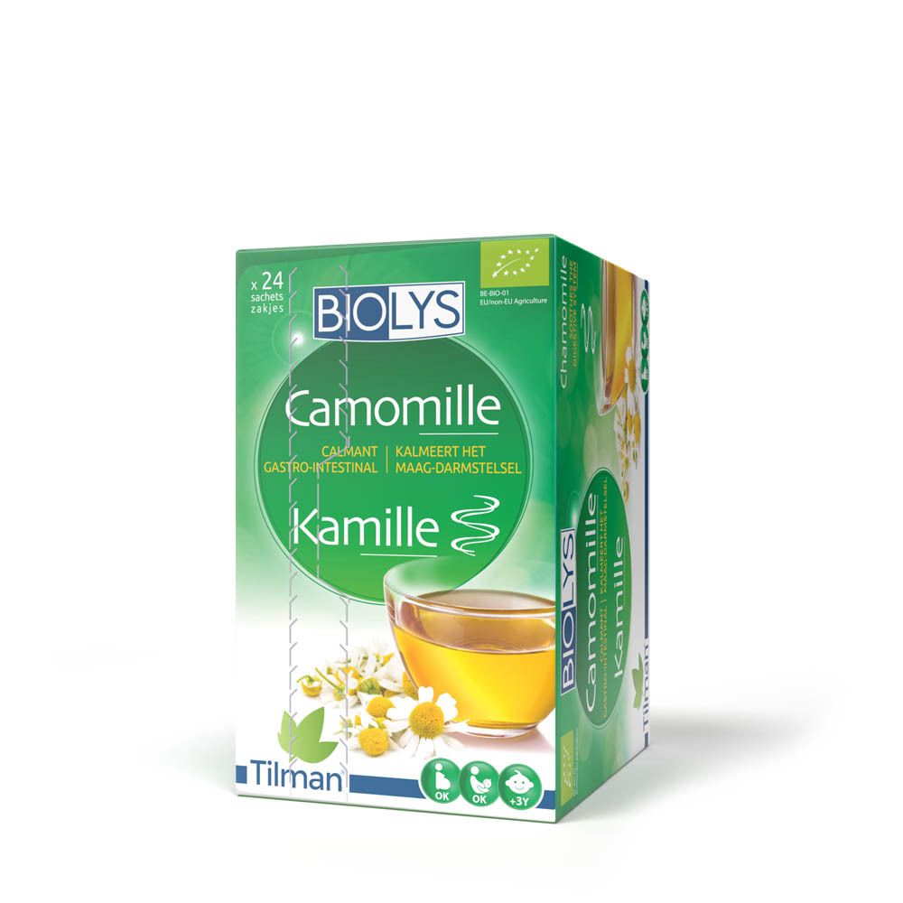 Emballage de thé à la camomille BIOLYS. Boîte verte avec illustration de fleurs de camomille. Contient 24 sachets.