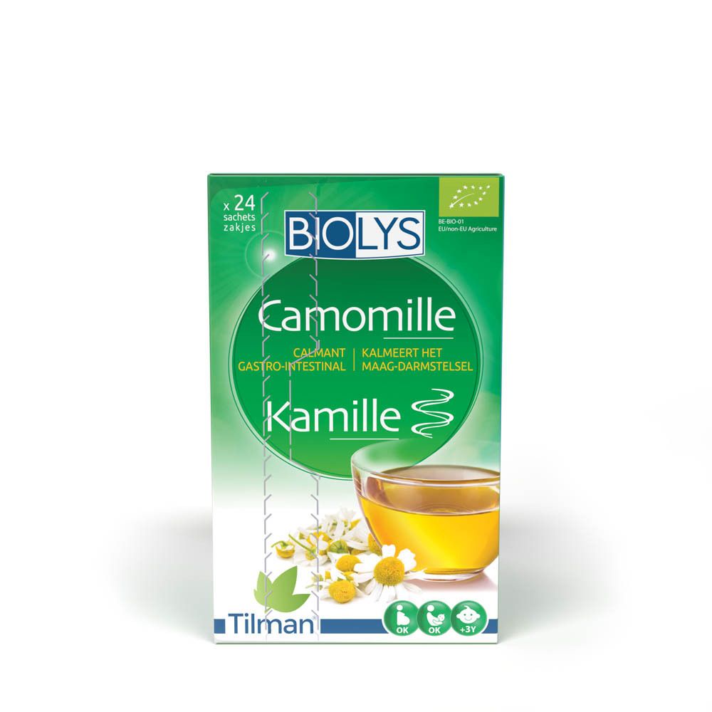Emballage de thé à la camomille BIOLYS. Boîte verte avec illustration de fleurs de camomille. Contient 24 sachets.
