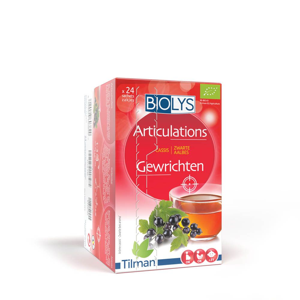 BIOLYS Articulations, boîte de 24 sachets. Cassis, Gewrichten. Illustration de fruits et de thé.
