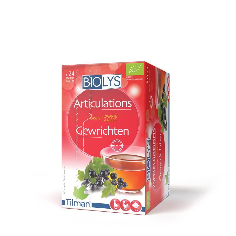 BIOLYS Articulations, boîte de 24 sachets. Cassis, Gewrichten. Illustration de fruits et de thé.