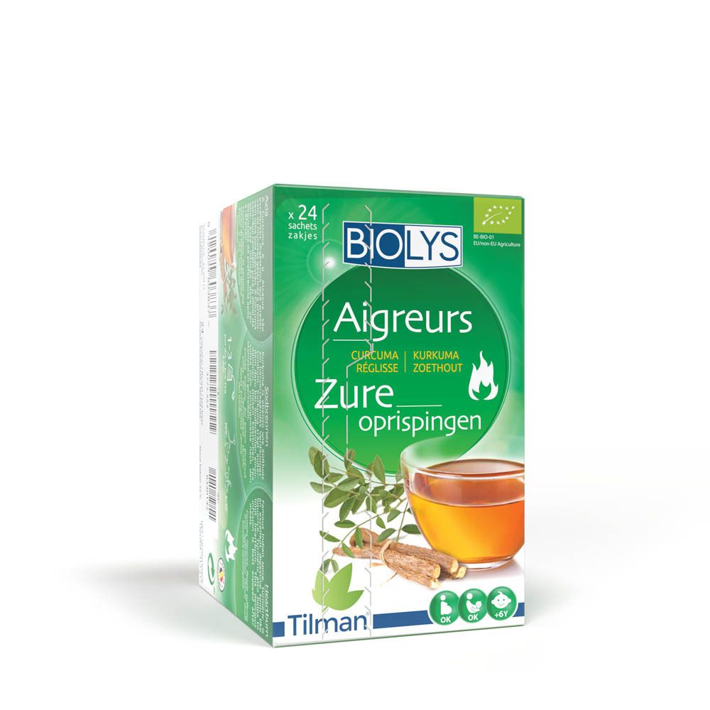Groene Biolys-verpakking met Aigreurs, kurkuma, zoethout. Bevat 24 zakjes thee.
