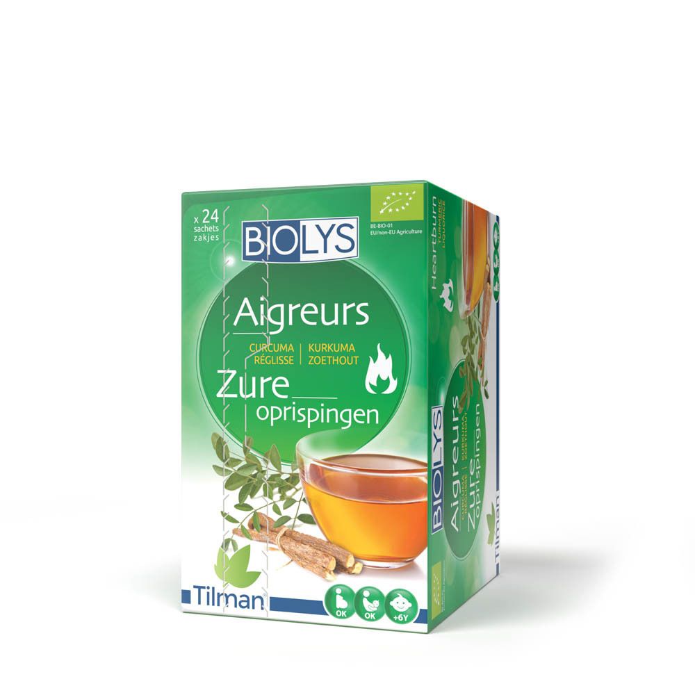 Groene Biolys-verpakking met Aigreurs, kurkuma, zoethout. Bevat 24 zakjes thee.
