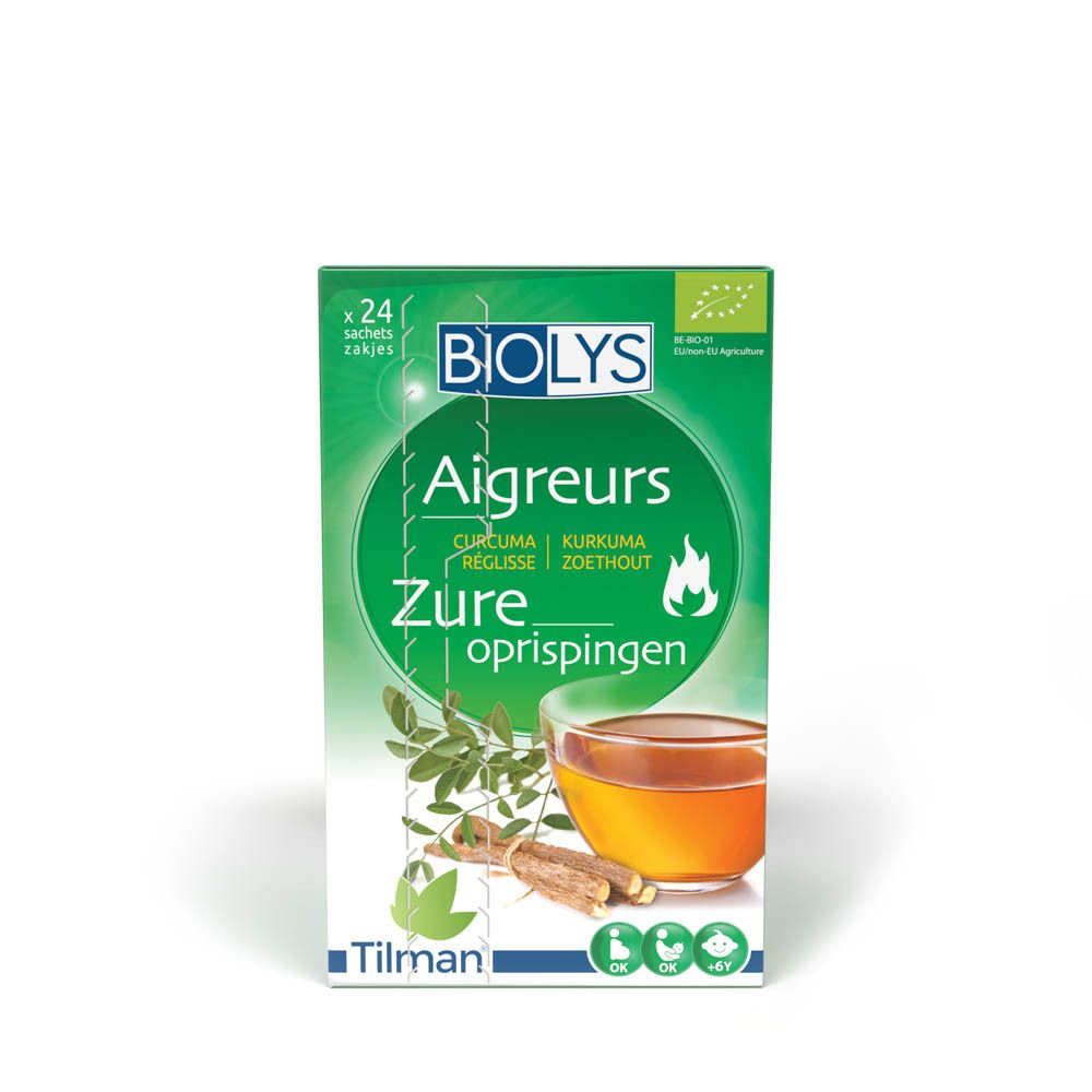Groene Biolys-verpakking met Aigreurs, kurkuma, zoethout. Bevat 24 zakjes thee.