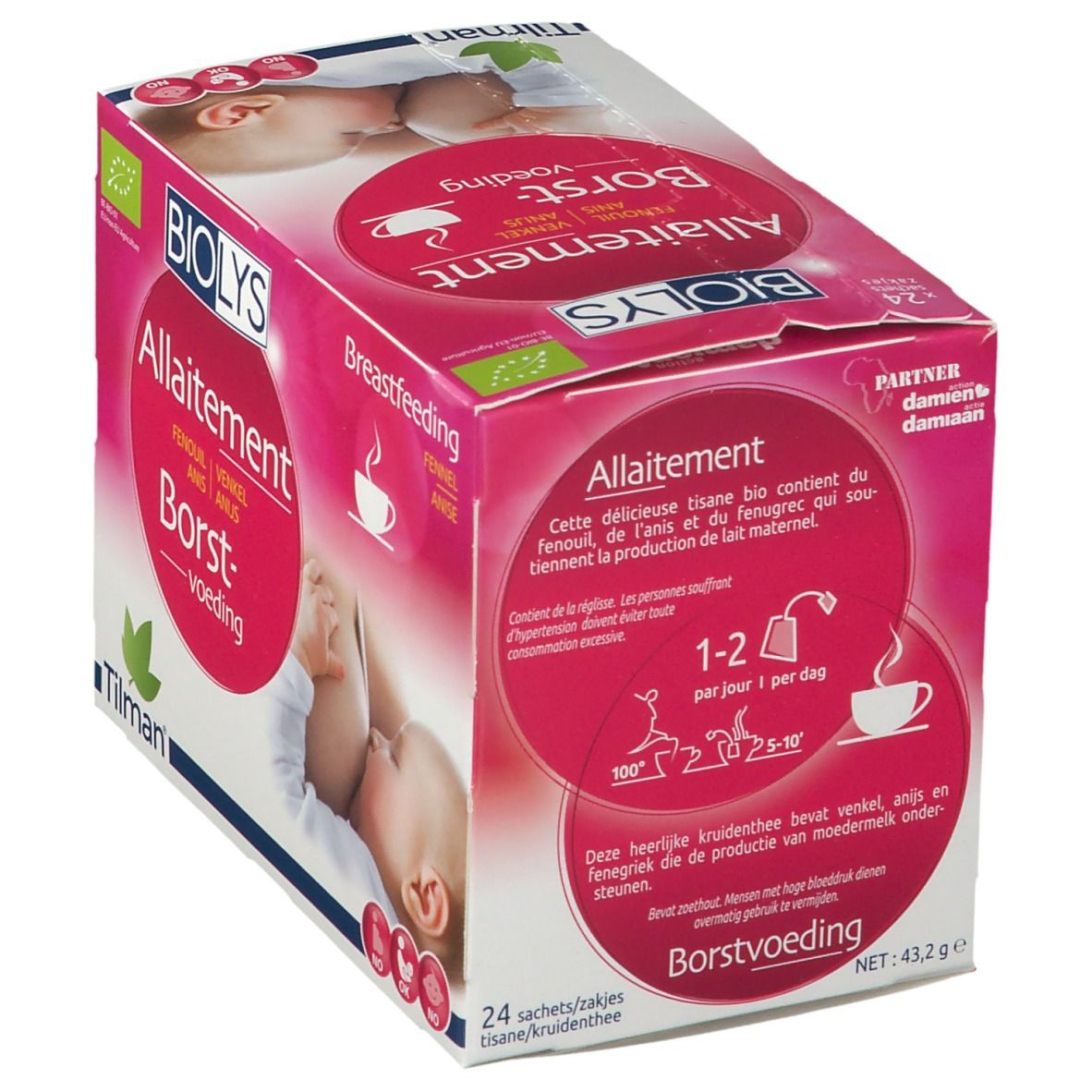 Verpakking BIOLYS Allaitement. Roze doos met meertalige tekst. Bevat 24 zakjes.