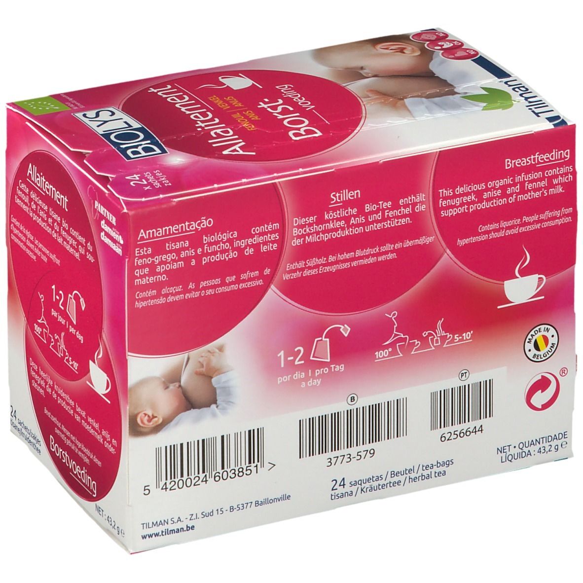 Verpakking BIOLYS Allaitement. Roze doos met meertalige tekst. Achterkant met informatie en certificeringen.