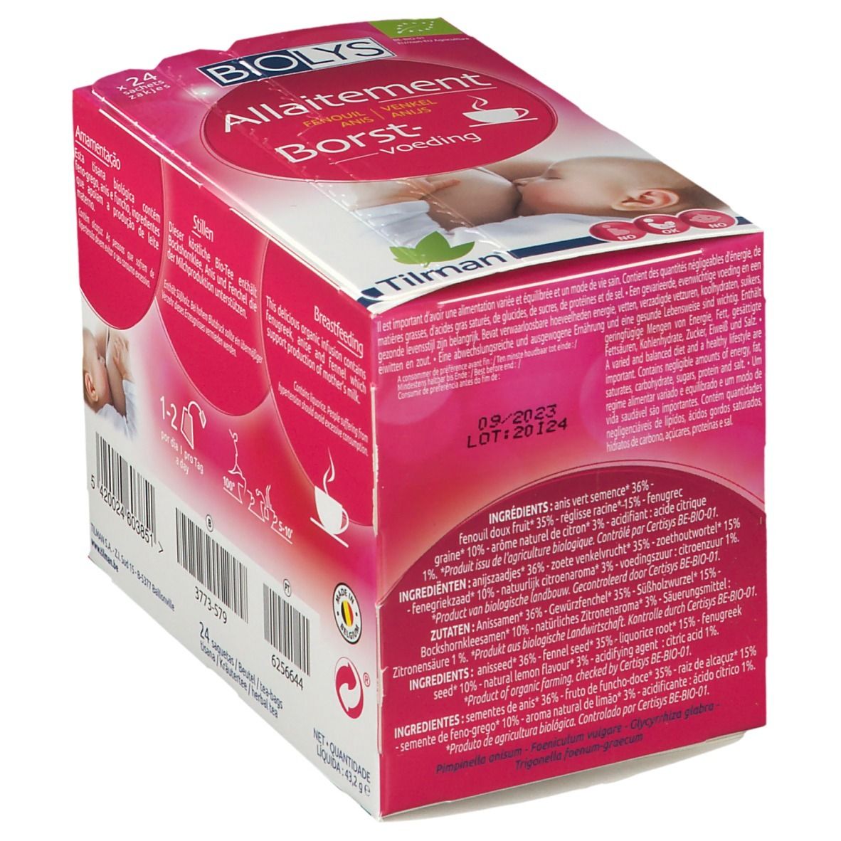 Verpakking BIOLYS Allaitement. Roze doos met meertalige tekst. Ingrediëntenlijst en houdbaarheidsdatum.