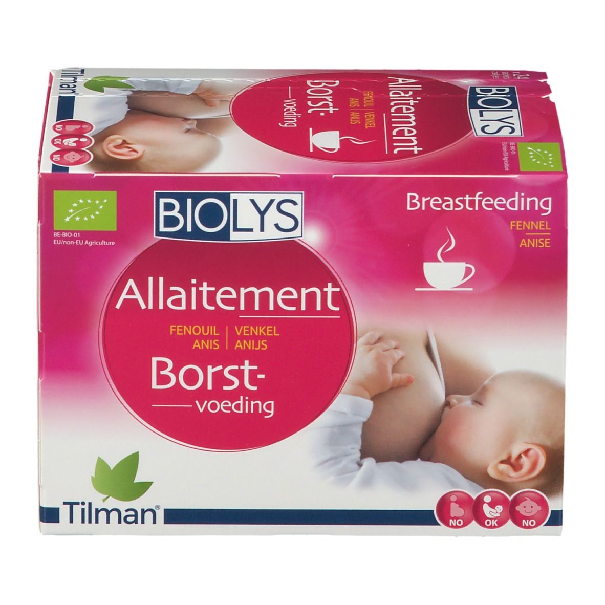 Verpakking BIOLYS Allaitement. Roze doos met meertalige tekst. Illustratie van een baby die borstvoeding krijgt.