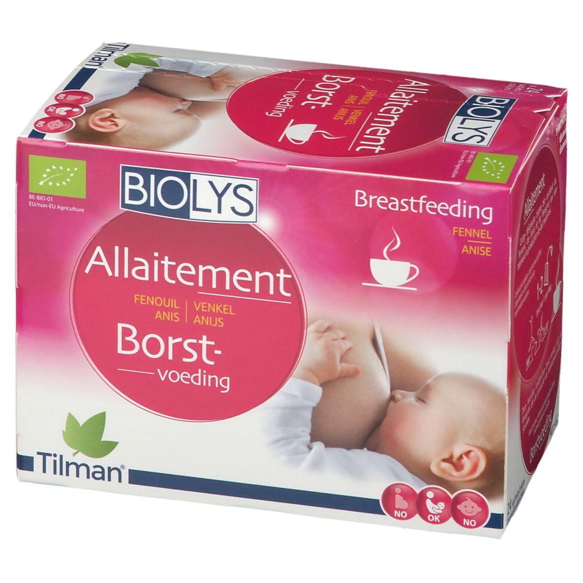 Verpakking BIOLYS Allaitement. Roze doos met meertalige tekst. Illustratie van een baby die borstvoeding krijgt.
