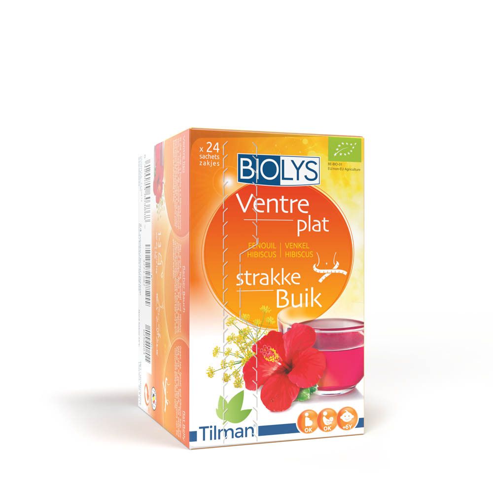 BIOLYS Ventre plat verpakking. Oranje doos met tekst en illustraties. 24 zakjes/kruidenthee.