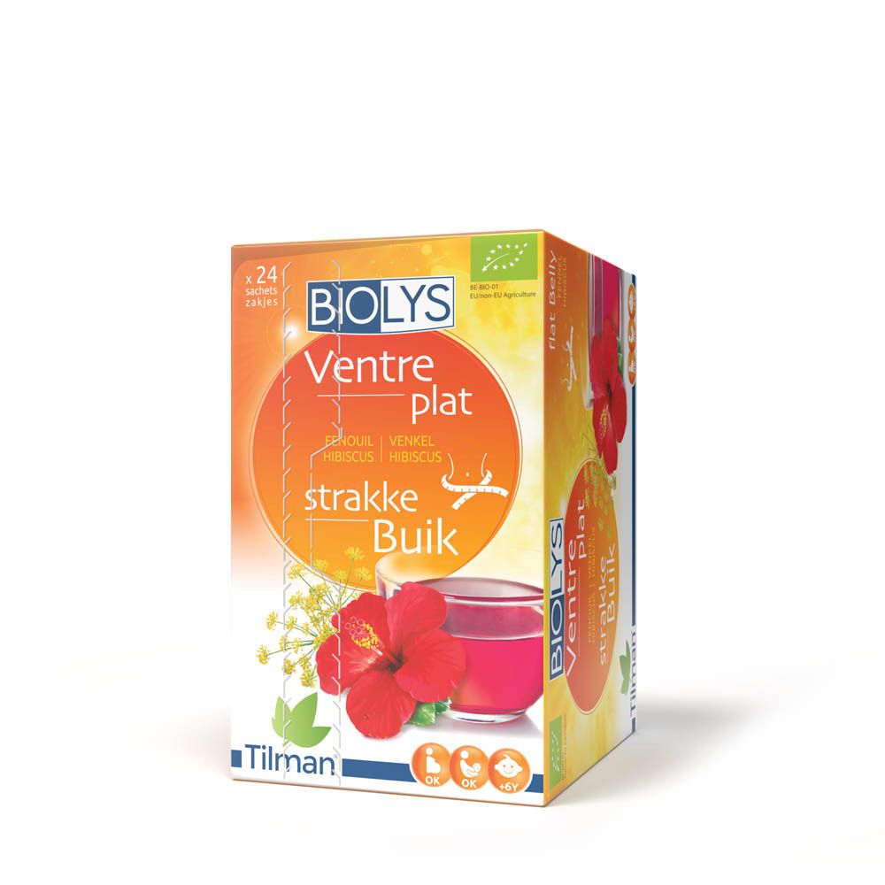 BIOLYS Ventre plat verpakking. Oranje doos met tekst en illustraties. 24 zakjes/kruidenthee.