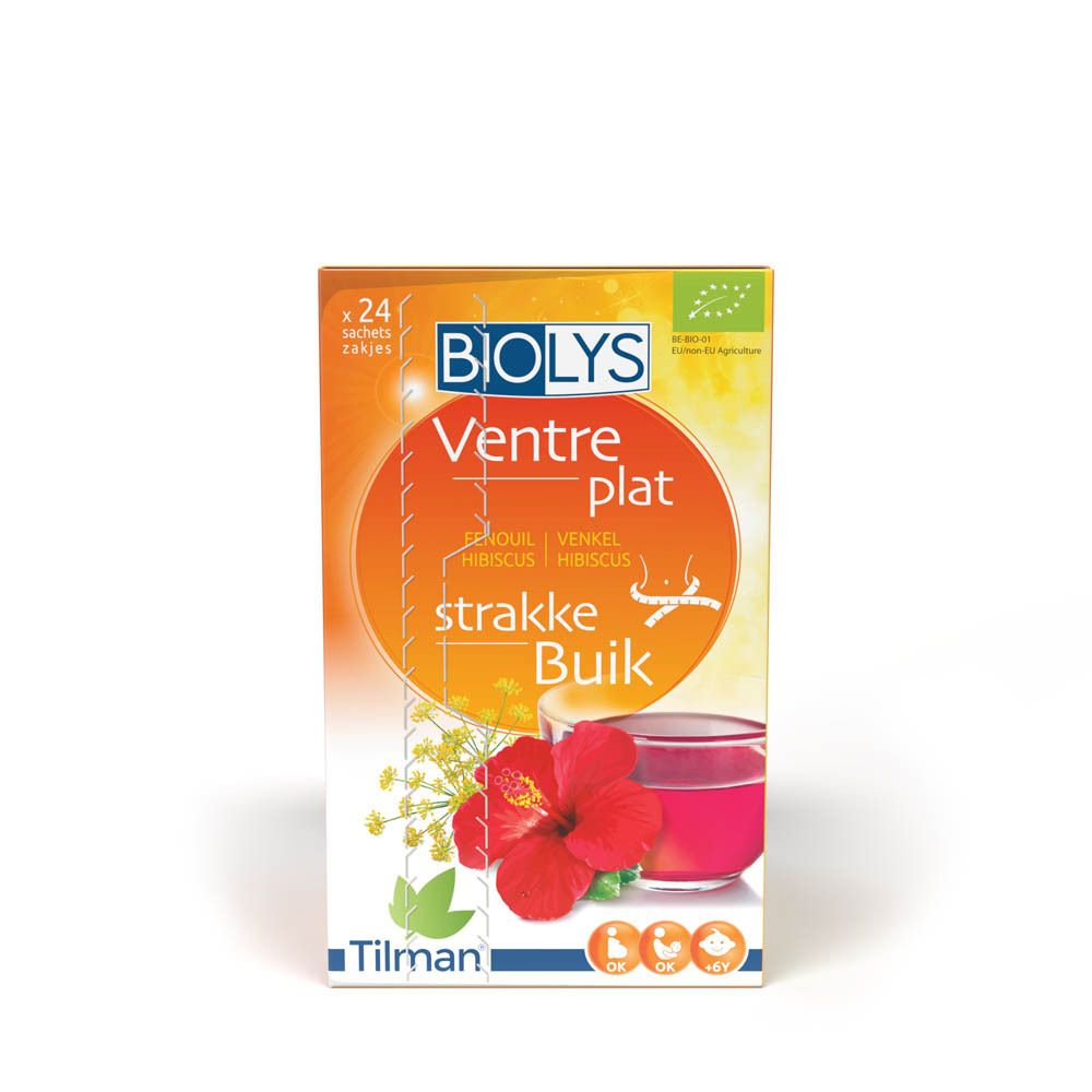 BIOLYS Ventre plat verpakking. Oranje doos met tekst en illustraties. 24 zakjes/kruidenthee.