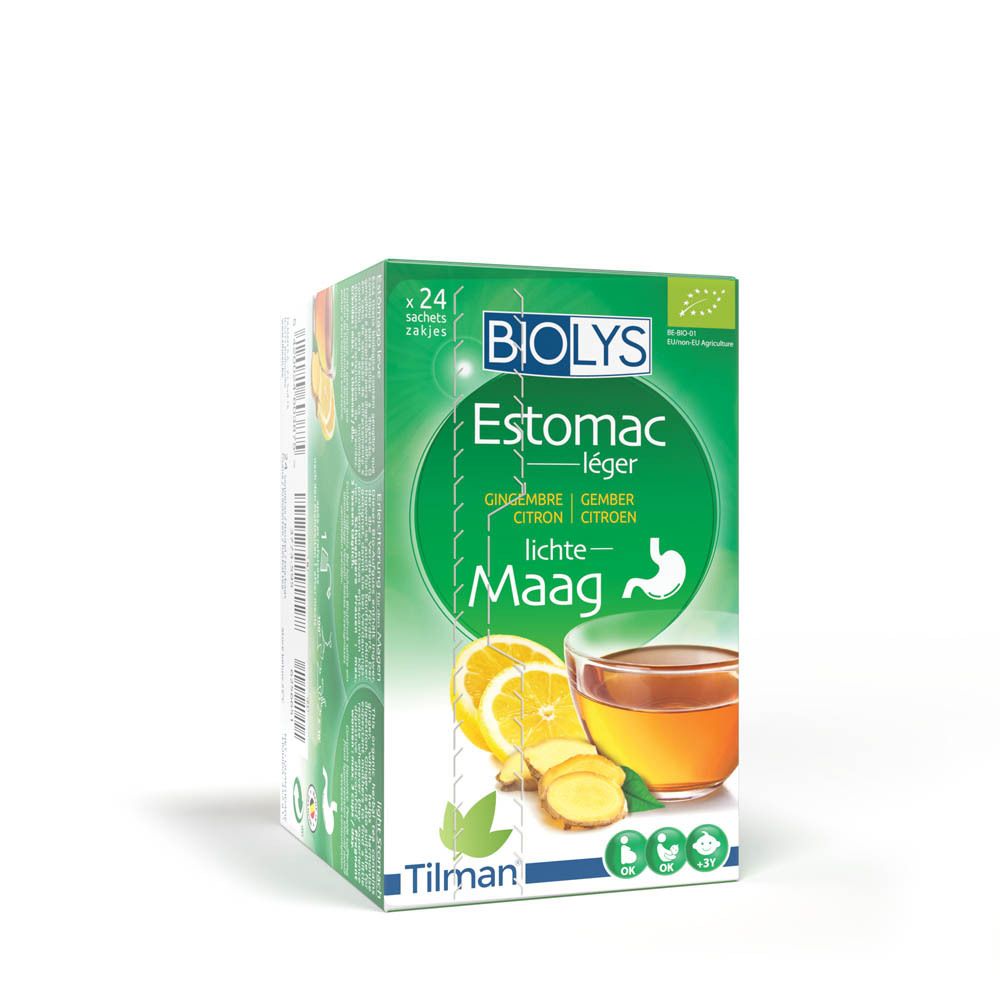 Achterkant doos BIOLYS Estomac léger. Ingrediëntenlijst, instructies en certificeringen.