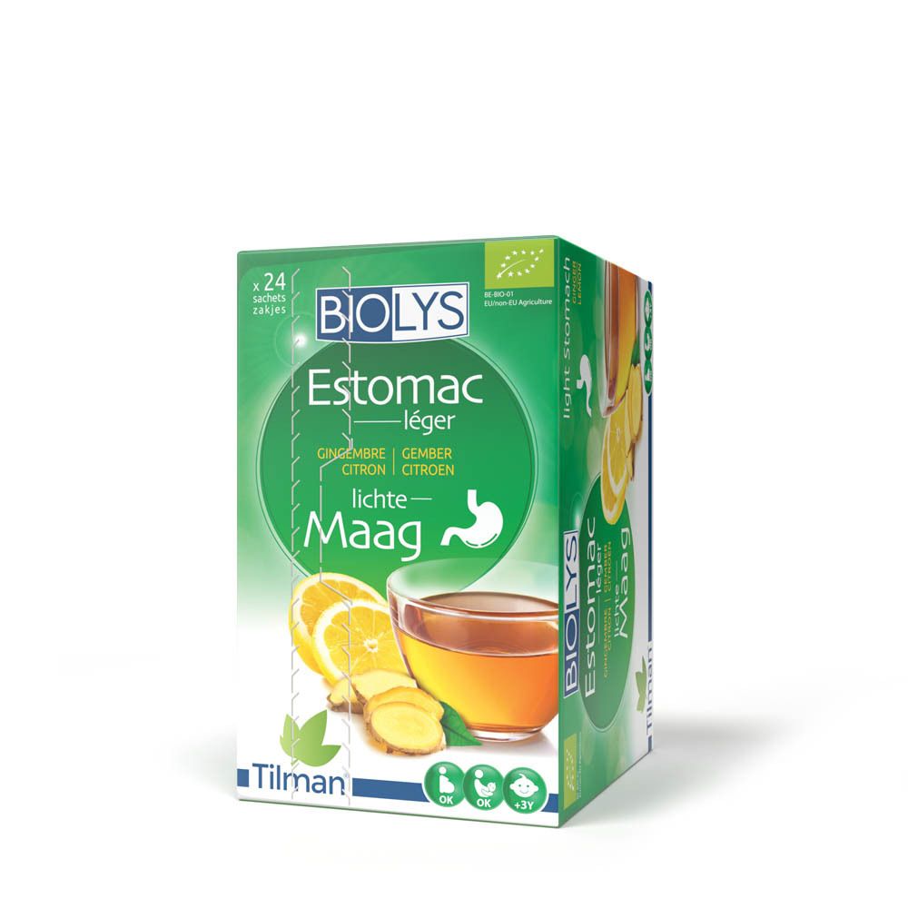 Achterkant doos BIOLYS Estomac léger. Ingrediëntenlijst, instructies en certificeringen.