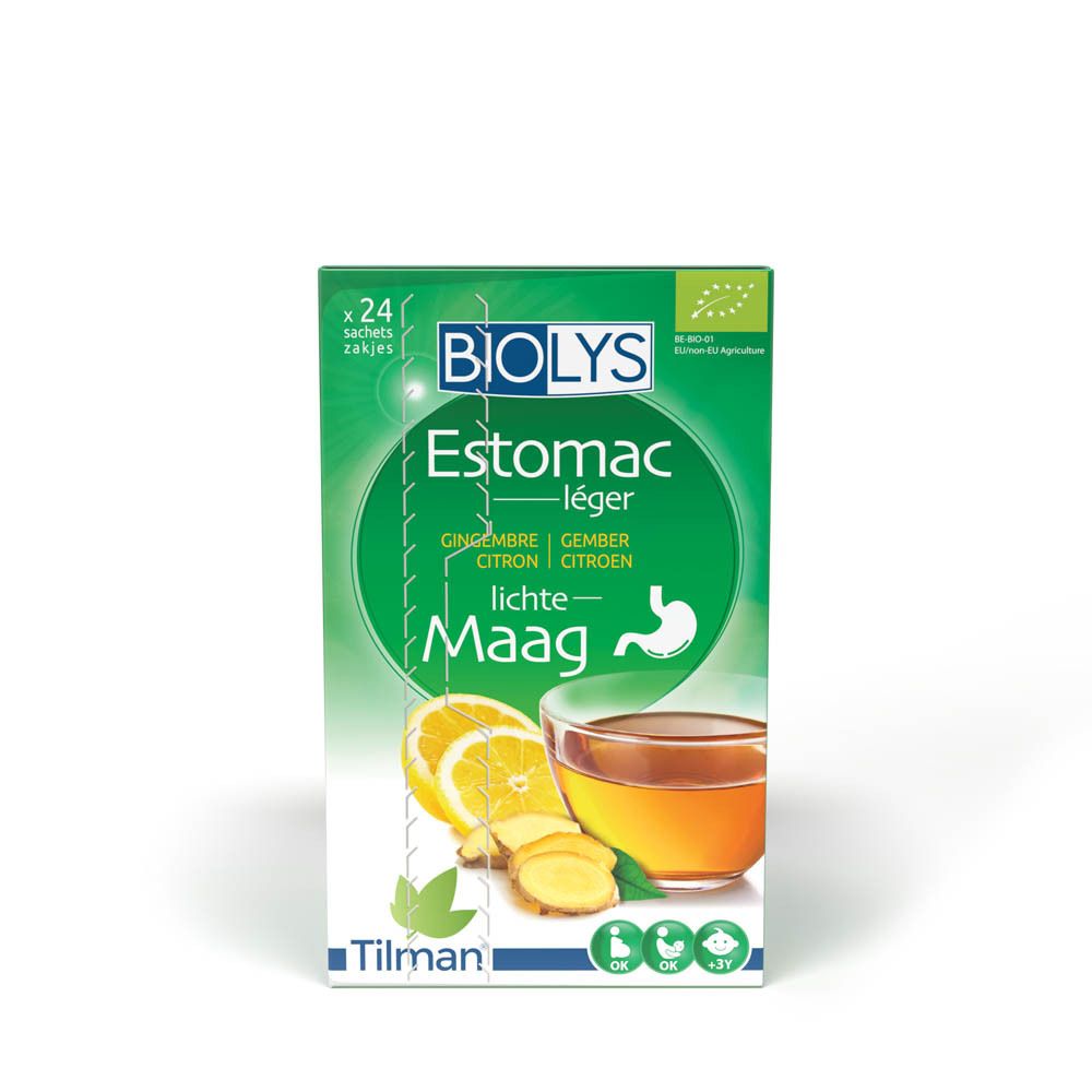 Achterkant doos BIOLYS Estomac léger. Ingrediëntenlijst, instructies en certificeringen.