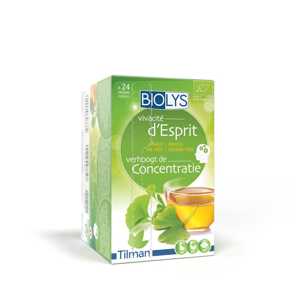 Boîte Biolys. vivacité d'Esprit, Ginkgo, thé vert. Verhoogt de concentratie. Label bio.