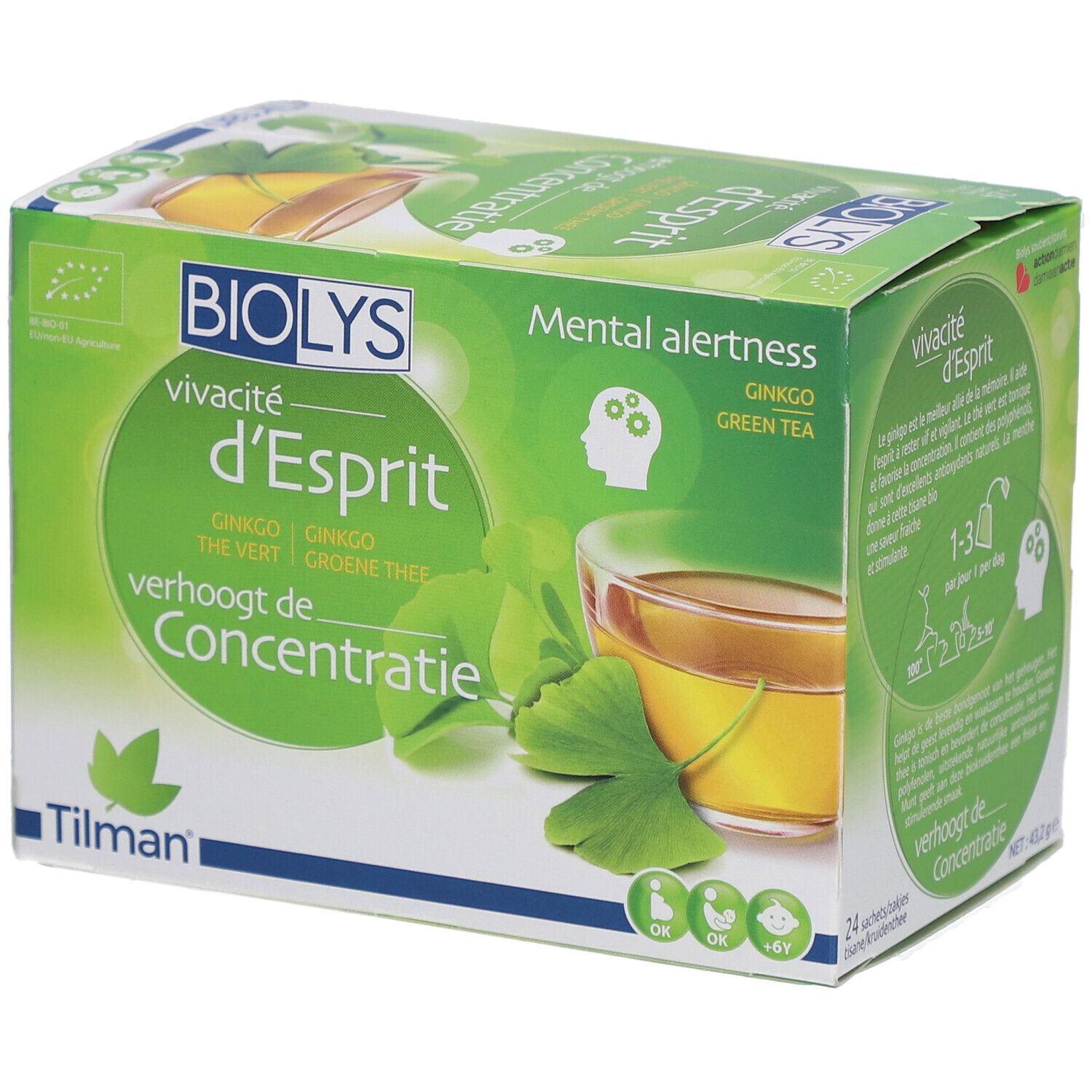 Boîte Biolys vivacité d'Esprit. Ginkgo, thé vert. Verhoogt de concentratie. Label bio.