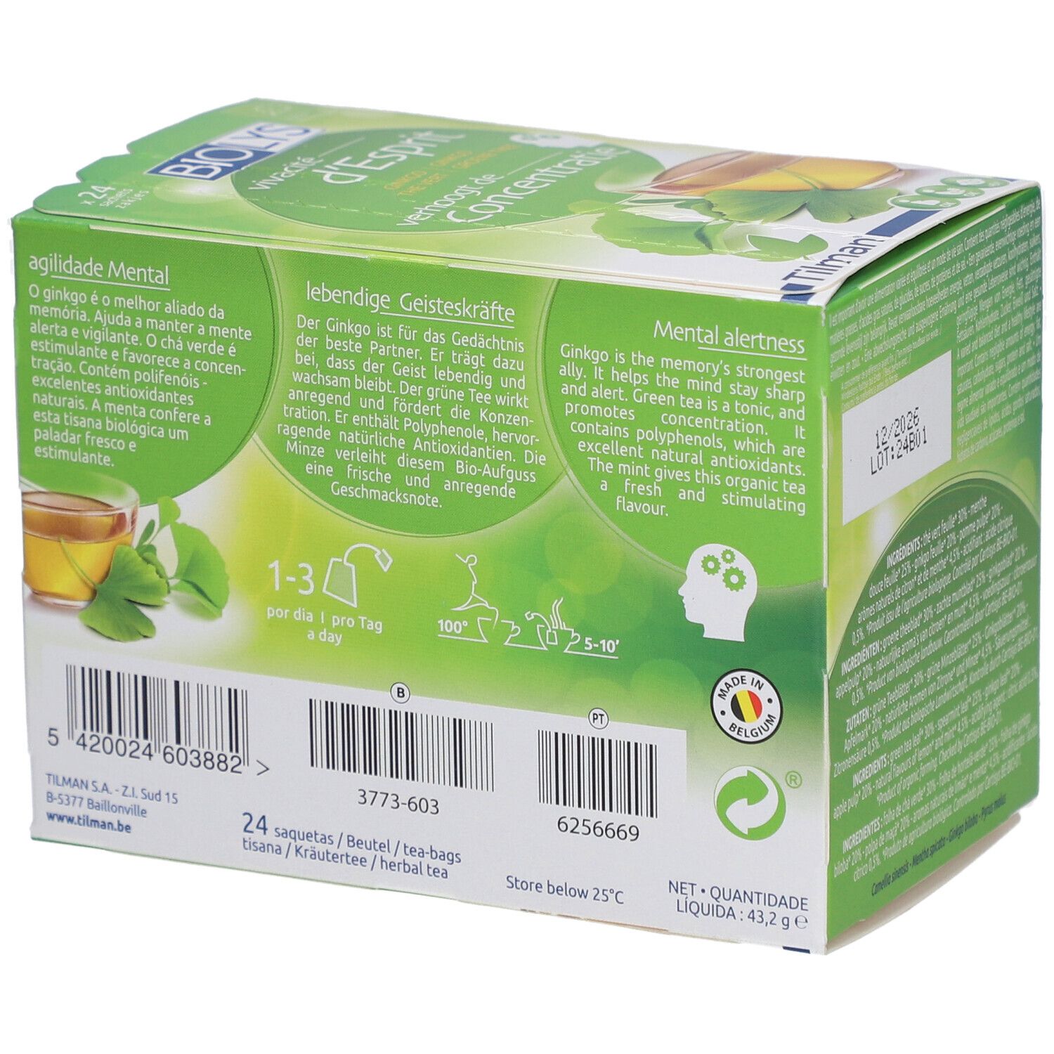 Dos de la boîte Biolys. Informations sur le ginkgo, 24 sachets, date de péremption, code-barres.