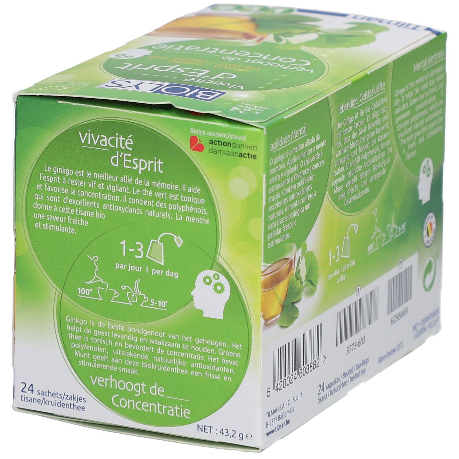 Dos de la boîte Biolys. Informations sur le ginkgo, 24 sachets, poids net, code-barres.