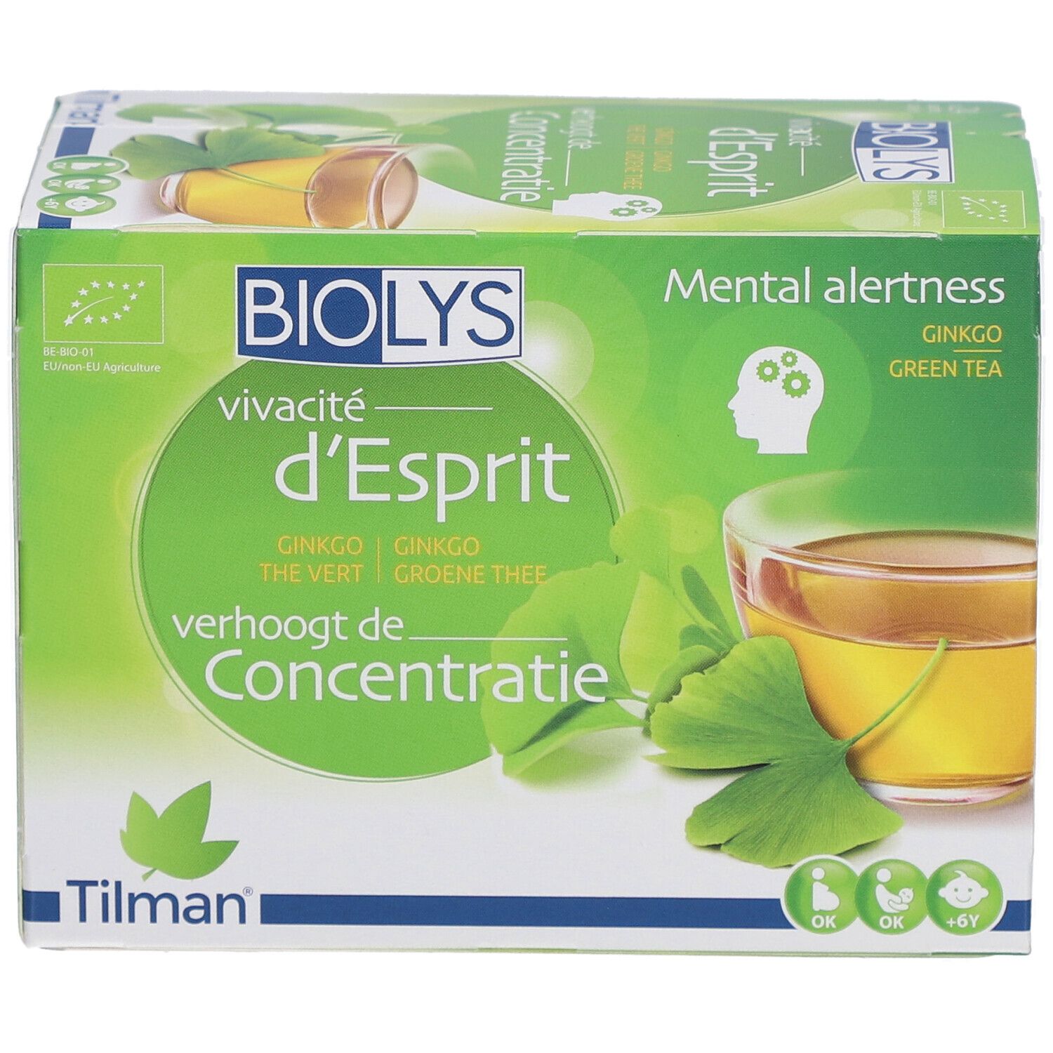 Boîte Biolys. vivacité d'Esprit, Ginkgo, thé vert. Verhoogt de concentratie. Label bio.