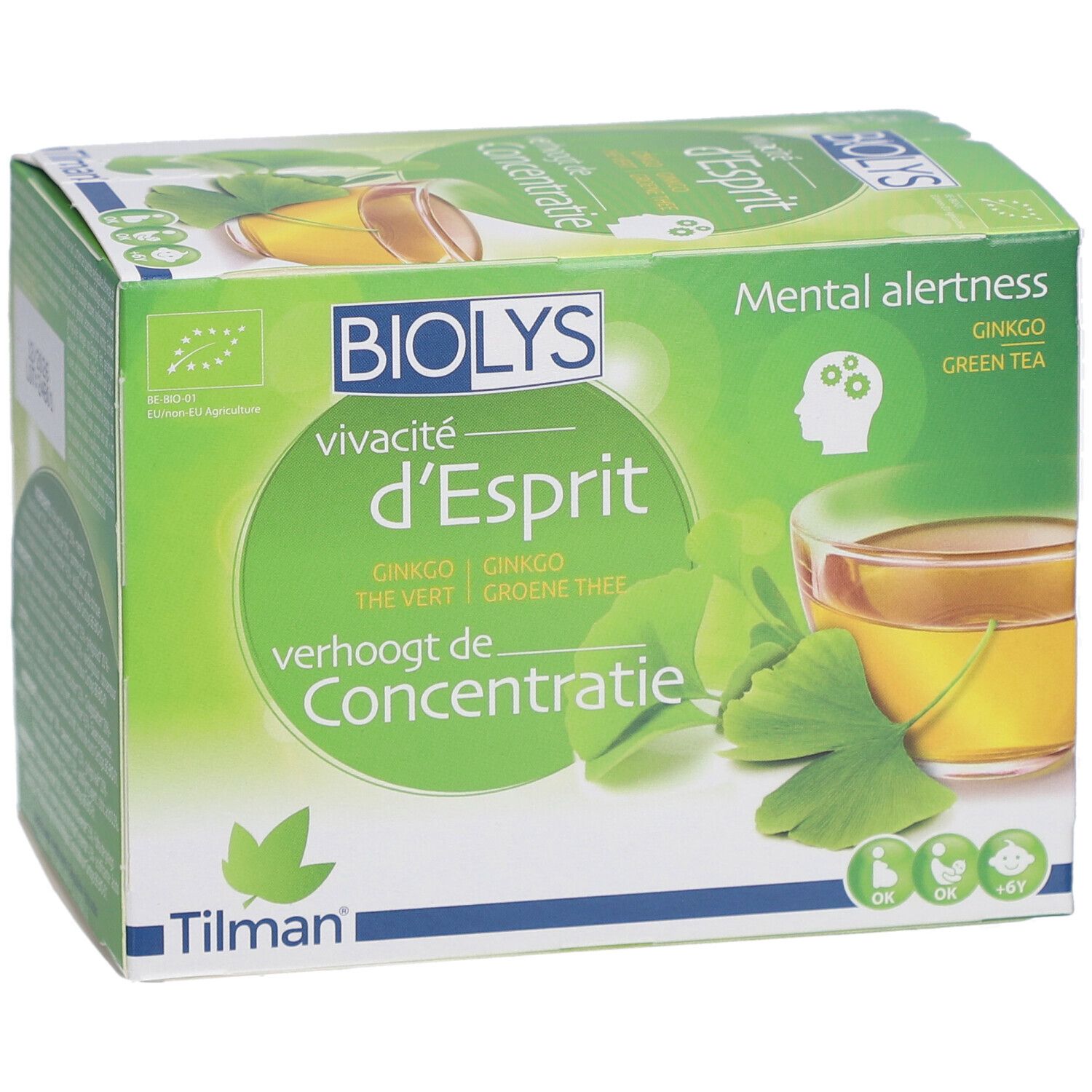 Boîte Biolys. vivacité d'Esprit, Ginkgo, thé vert. Verhoogt de concentratie. Label bio.