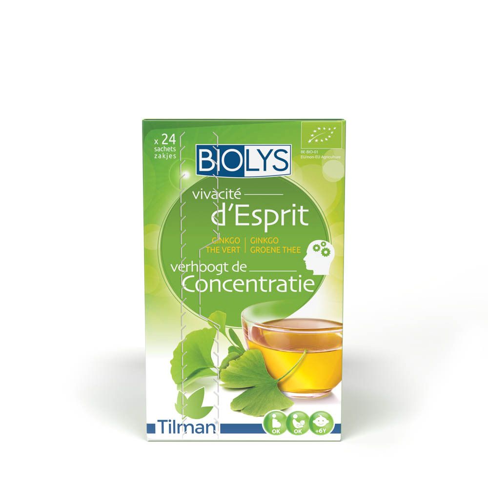 Boîte Biolys. vivacité d'Esprit, Ginkgo, thé vert. Verhoogt de concentratie. Label bio.