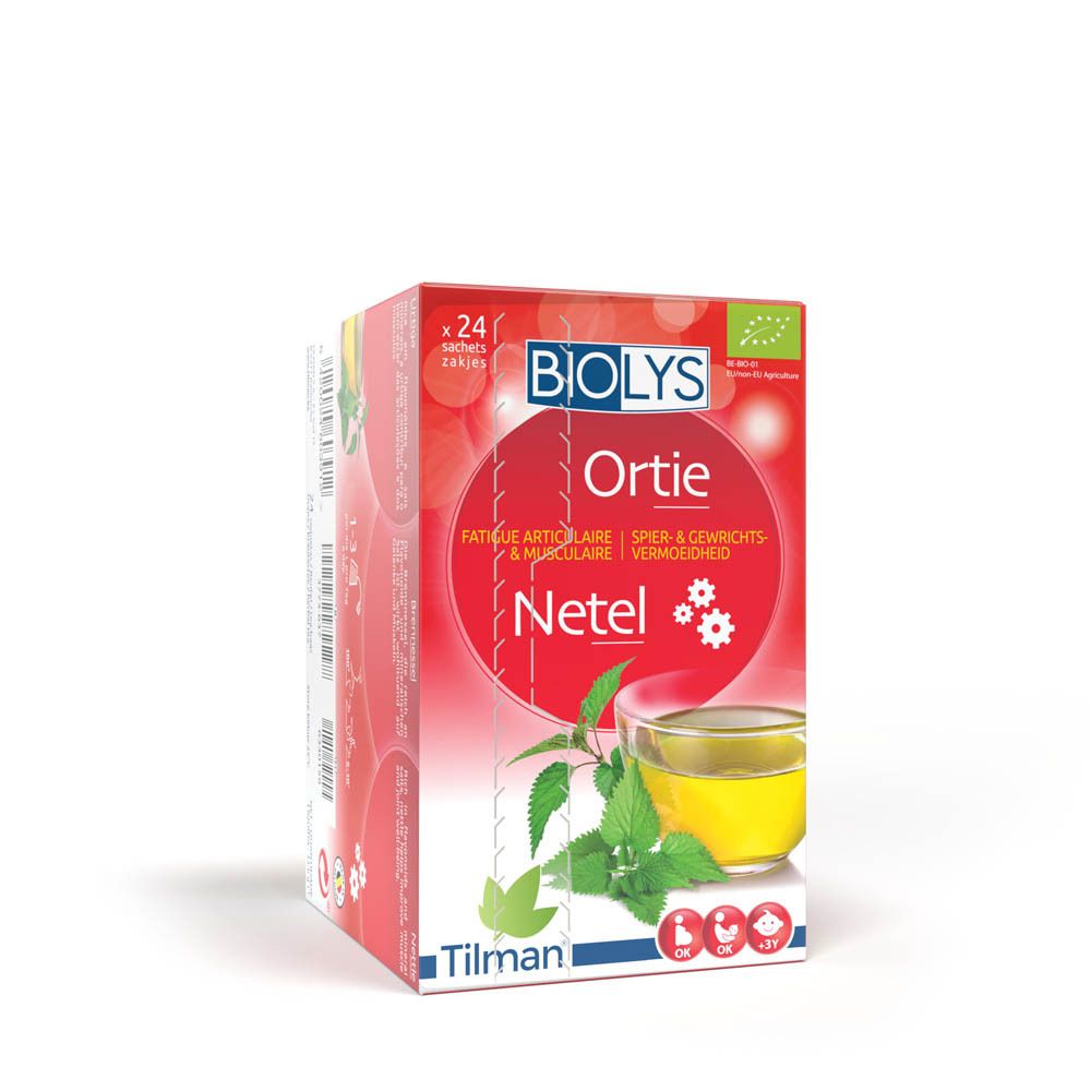Boîte BIOLYS Netel. Carton rouge avec nom du produit et illustrations. Contient 24 sachets de thé.