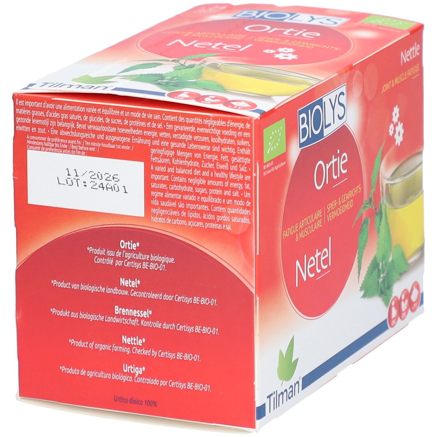 Rückseite der BIOLYS Netel Verpackung. Text in mehreren Sprachen. Enthält Informationen über Inhaltsstoffe und Zertifizierungen.