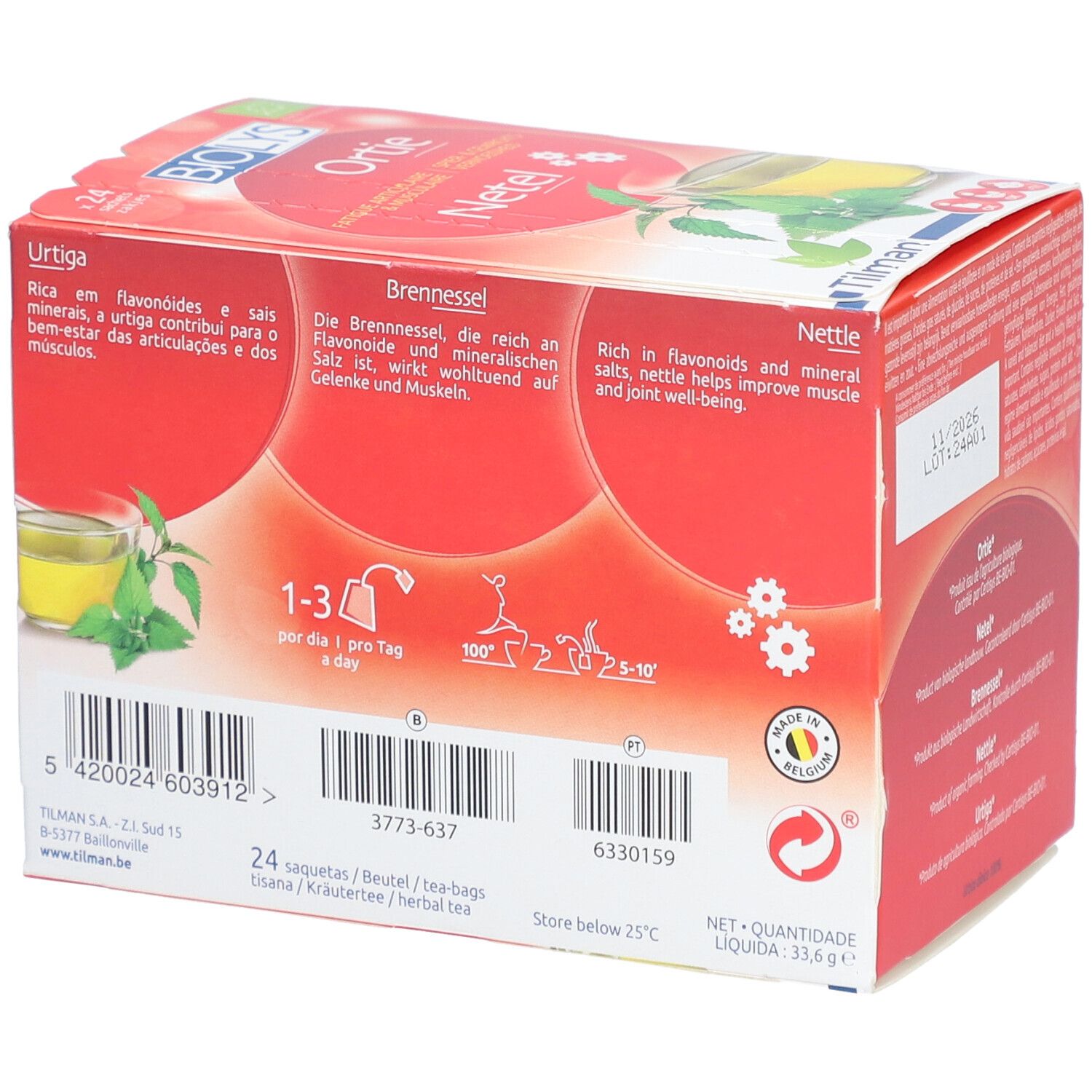 Rückseite der BIOLYS Netel Verpackung. Text in mehreren Sprachen. Enthält Informationen über Inhaltsstoffe und Zubereitung.
