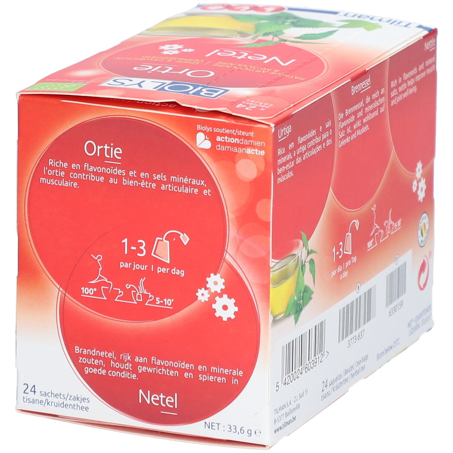 Seitenansicht der BIOLYS Netel Verpackung. Text in mehreren Sprachen. Enthält Informationen über Inhaltsstoffe und Zubereitung.