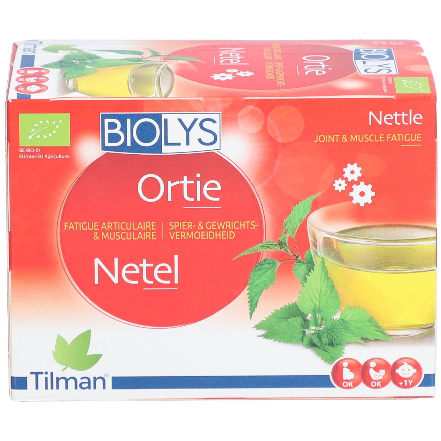Vorderseite der BIOLYS Netel Verpackung. Roter Karton mit Produktnamen und Illustrationen. Enthält 24 Teebeutel.