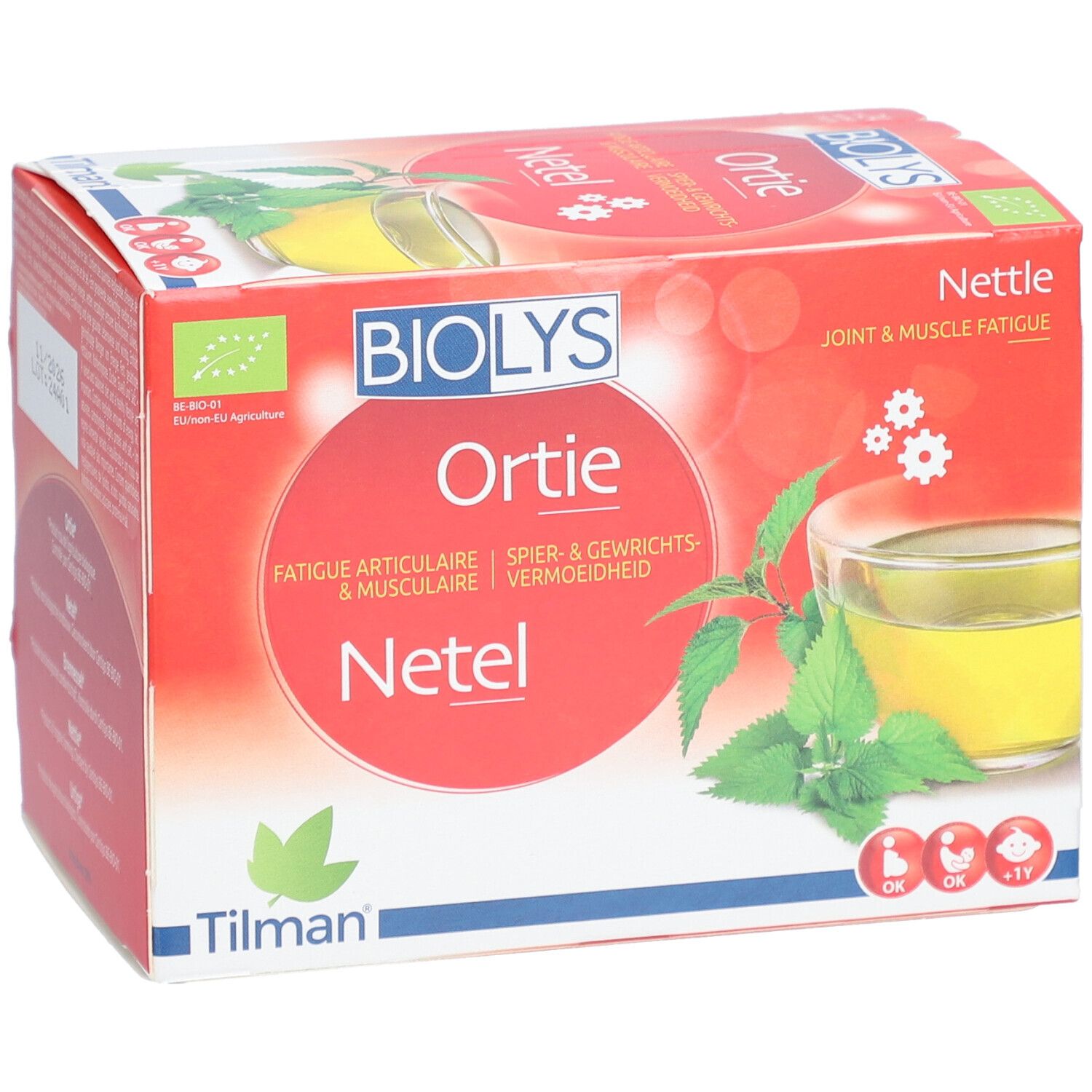 Vorderseite der BIOLYS Netel Verpackung. Roter Karton mit Produktnamen und Illustrationen. Enthält 24 Teebeutel.