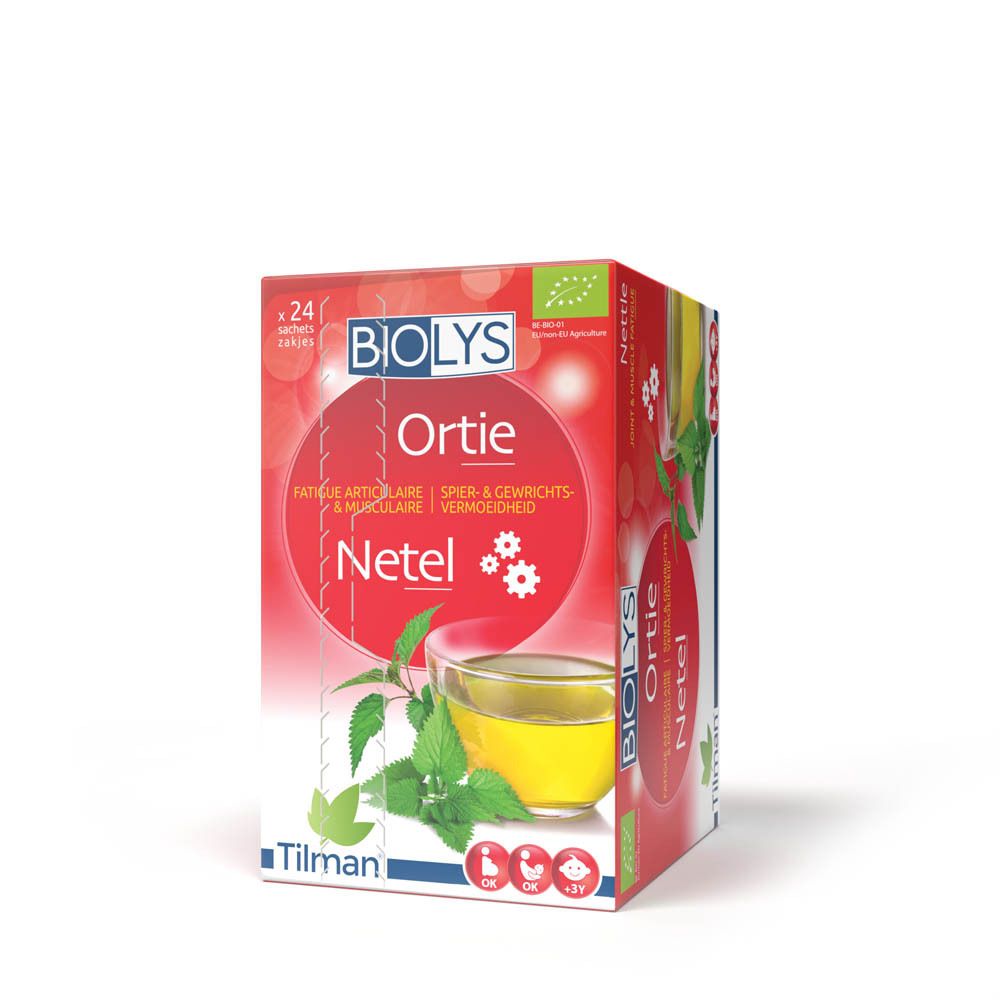 Boîte BIOLYS Netel. Carton rouge avec nom du produit et illustrations. Contient 24 sachets de thé.