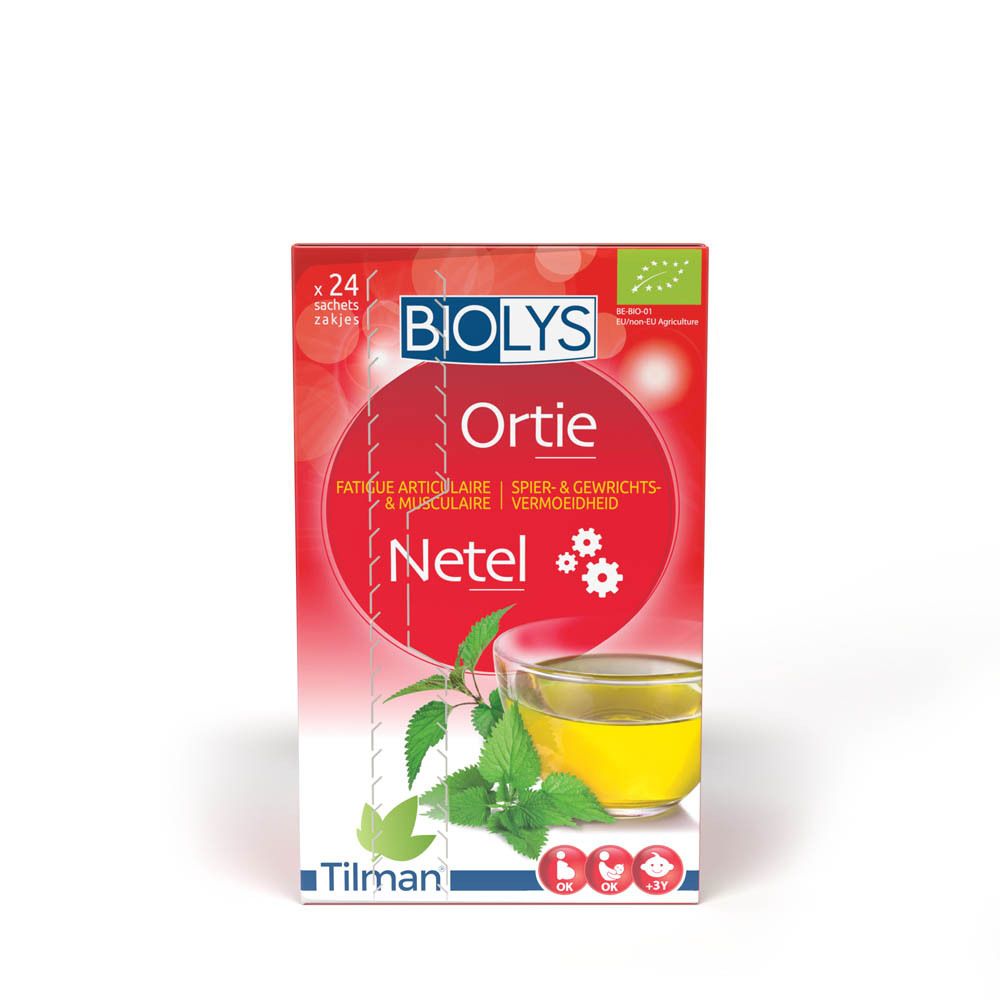 Boîte BIOLYS Netel. Carton rouge avec nom du produit et illustrations. Contient 24 sachets de thé.