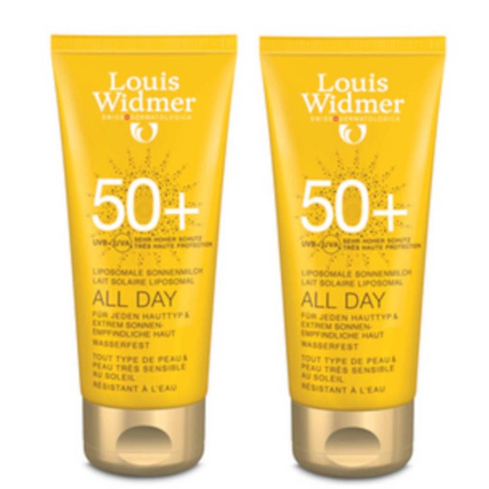 Deux tubes jaunes Louis Widmer protection solaire 50+. Inscription: All Day, haute protection, résistant à l'eau.