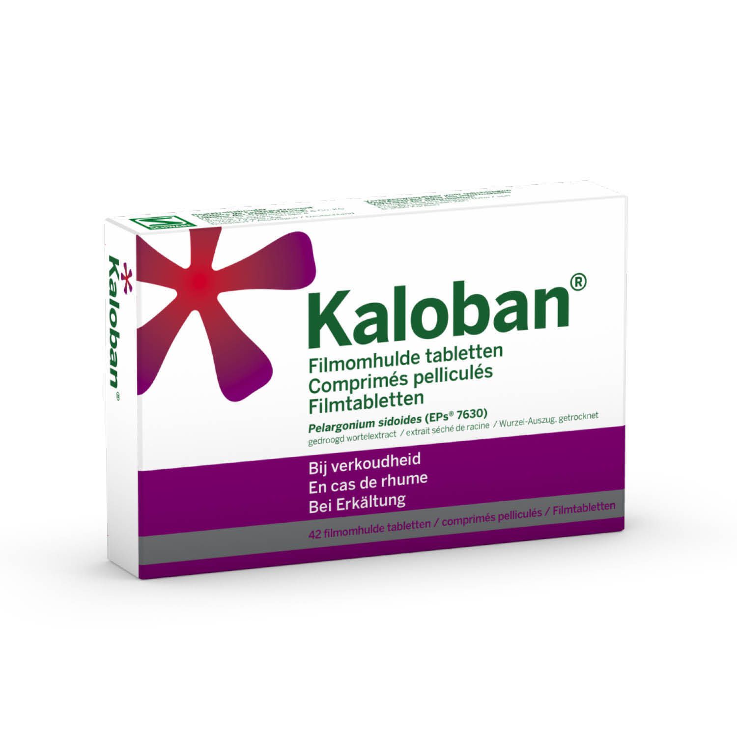 Kaloban®-verpakking. Witte doos met paarse streep en rood sterlogo. Bevat filmomhulde tabletten.
