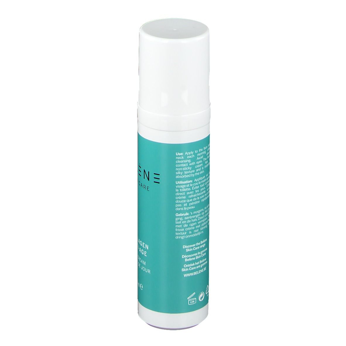 Dos du flacon. Section turquoise avec texte. Fond blanc avec texte. Flacon avec bouchon blanc.