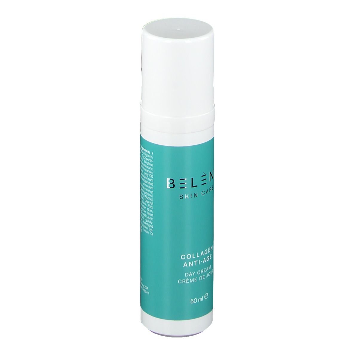 Flacon cylindrique blanc et turquoise. Texte: BELENE Skin Care, Collagen Anti-Age, Day Cream. Contenance: 50 ml.