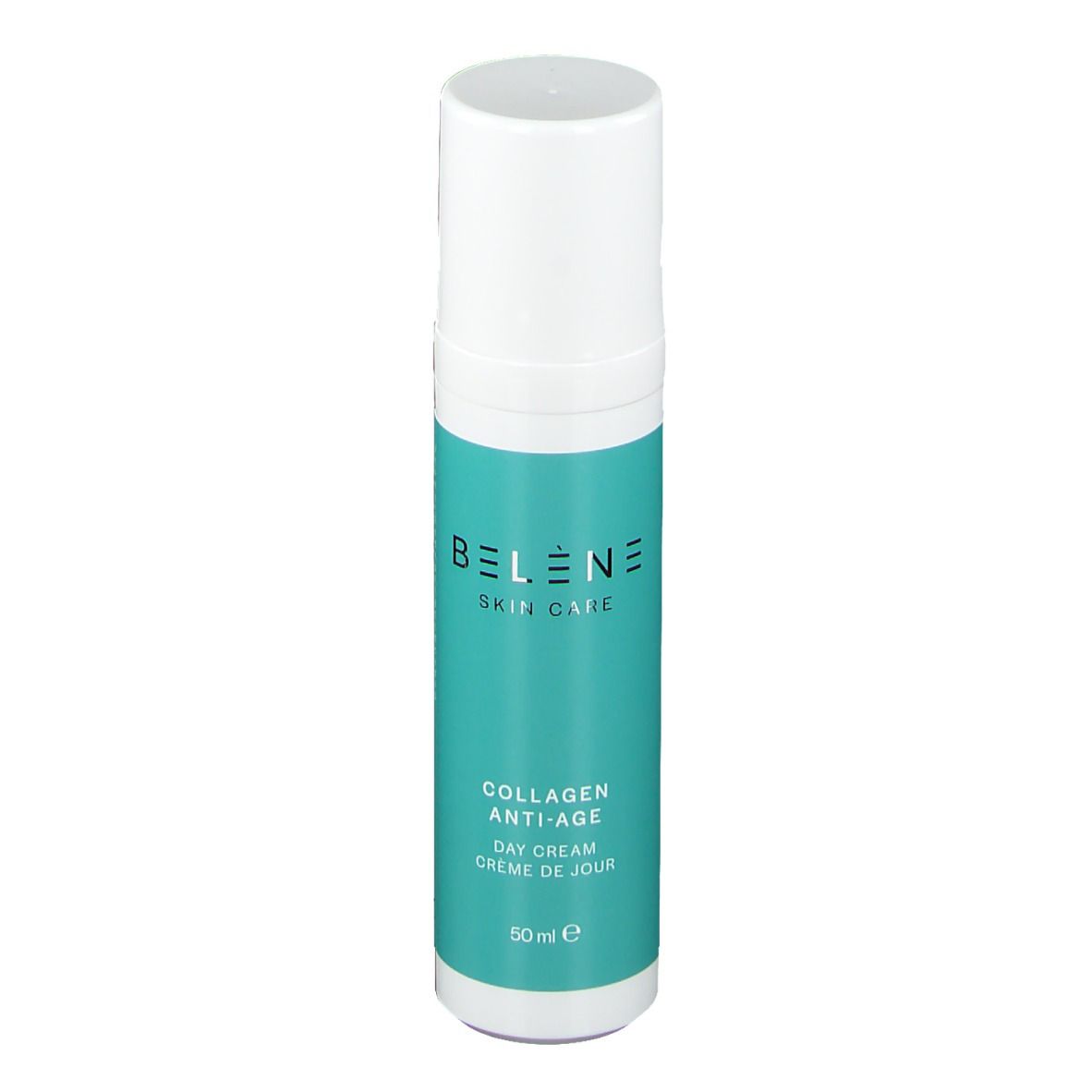 Flacon cylindrique blanc et turquoise. Texte: BELENE Skin Care, Collagen Anti-Age, Day Cream. Contenance: 50 ml.