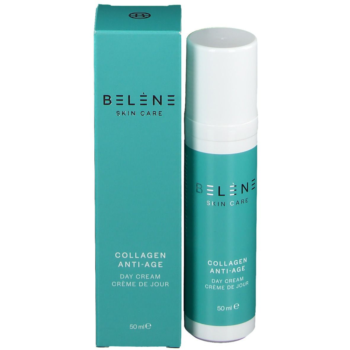 Emballage produit avec flacon. Boîte et flacon turquoise. Texte: BELENE Skin Care, Collagen Anti-Age, Day Cream.