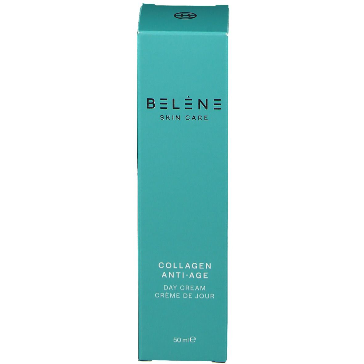 Emballage produit turquoise. Texte: BELENE Skin Care, Collagen Anti-Age, Day Cream. Contenance: 50 ml.