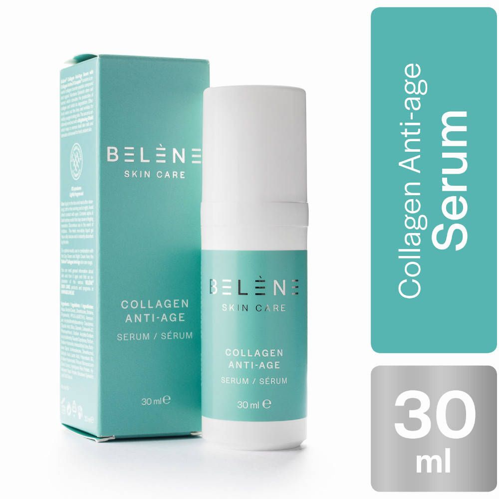 BELENE Skin Care Collageen Anti-Age Serum. Fles en doos in turquoise en wit. Opschriften: Collagen Anti-Age, 30 ml.