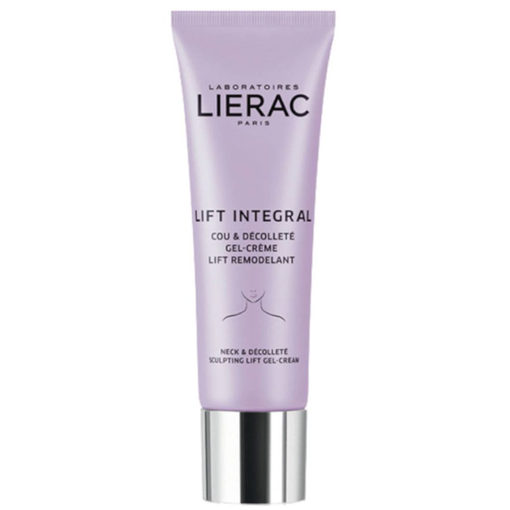 Lierac Lift Integral Gel-Crème Cou & Décolleté. Tube violette, bouchon argenté. Nom du produit et marque visibles.